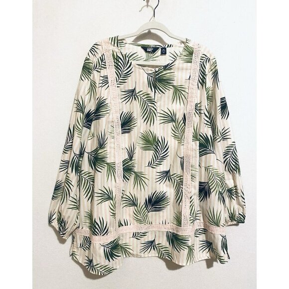 Lands End Top Womens 2X Pink White Striped Palm Tropical Long Sleeve Tunic Boho - Picture 2 of 9